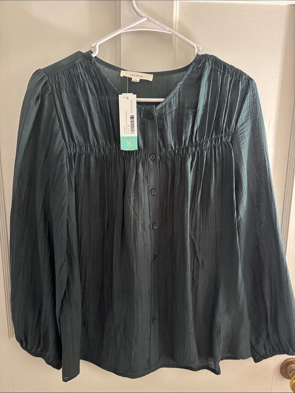 fun 2 fun Dark Teal Crinkle Button-Down Blouse #22